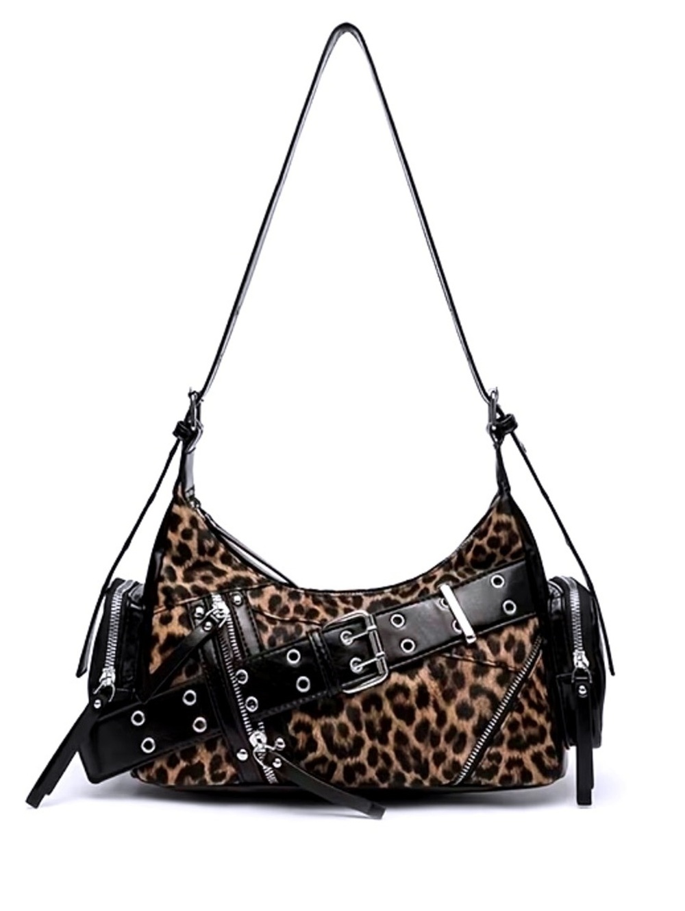 New -Sleek & Stylish -Leopard Print Faux Leather Shoulder Bag w/Buckle Detail